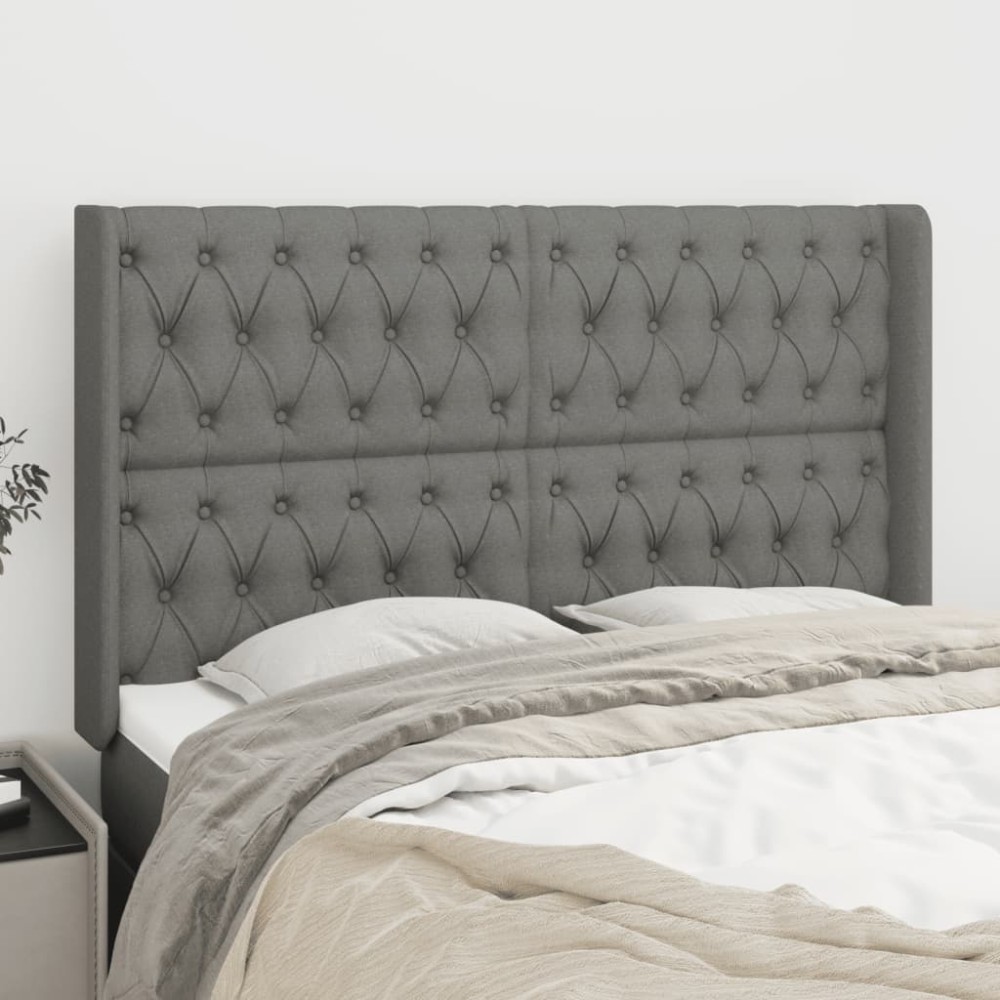 vidaXL Tăblie de pat cu aripioare gri închis 147x16x118/128 cm textil