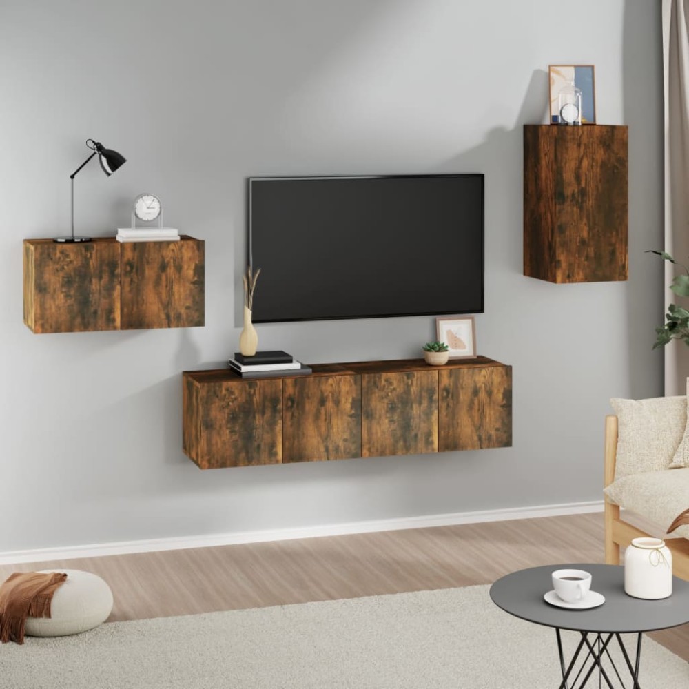 vidaXL Set dulapuri TV, 4 piese, stejar fumuriu, lemn prelucrat