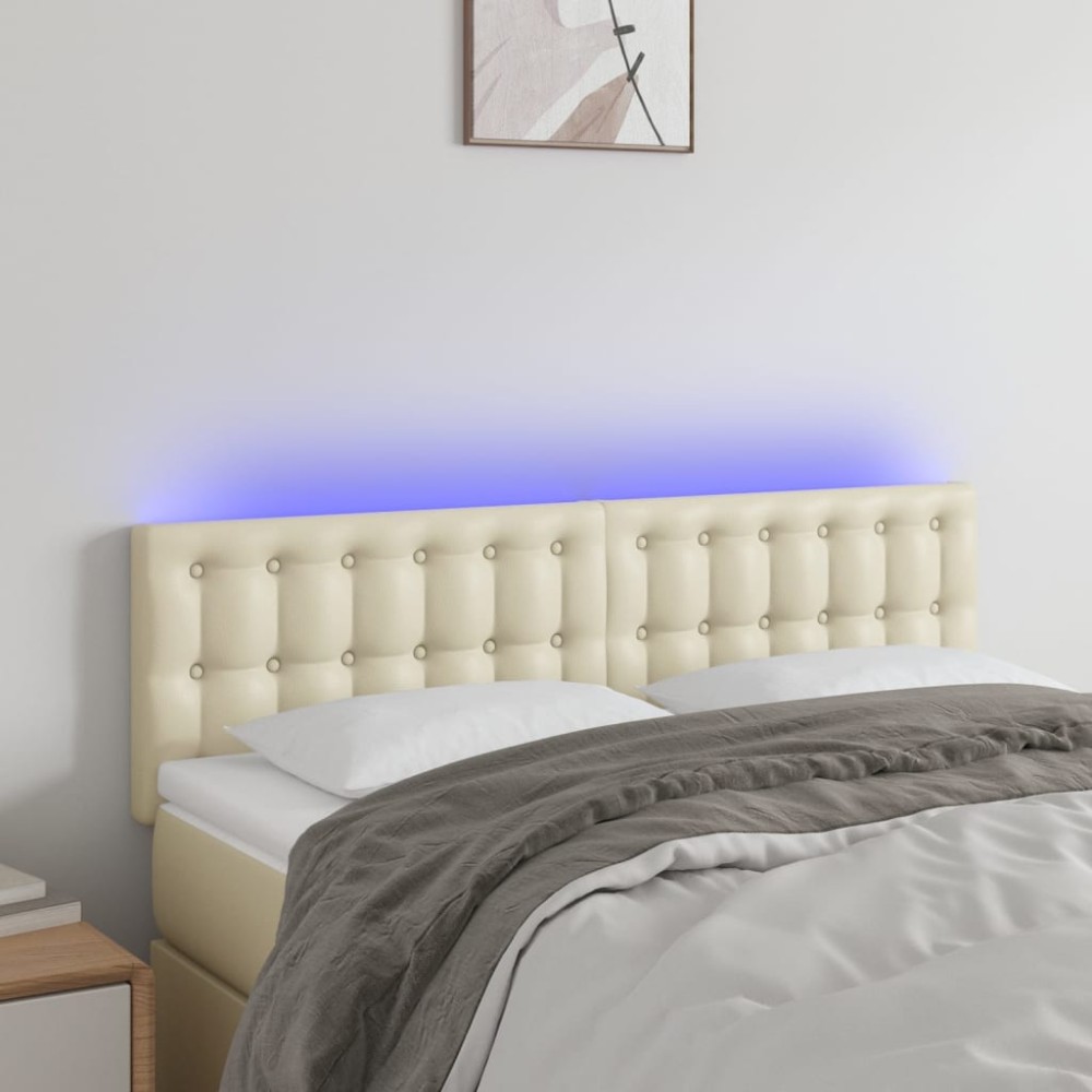 vidaXL Tăblie de pat cu LED, crem, 144x5x78/88 cm, piele ecologică