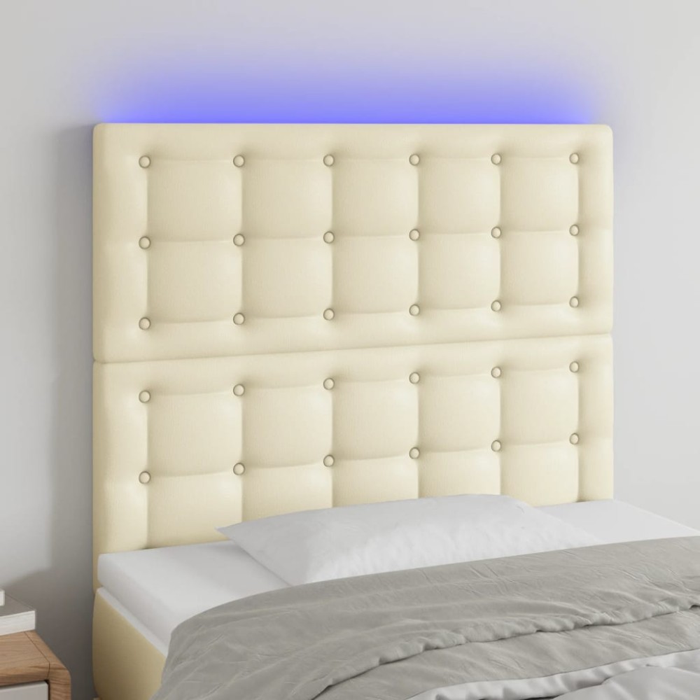 vidaXL Tăblie de pat cu LED, crem, 90x5x118/128 cm, piele ecologică