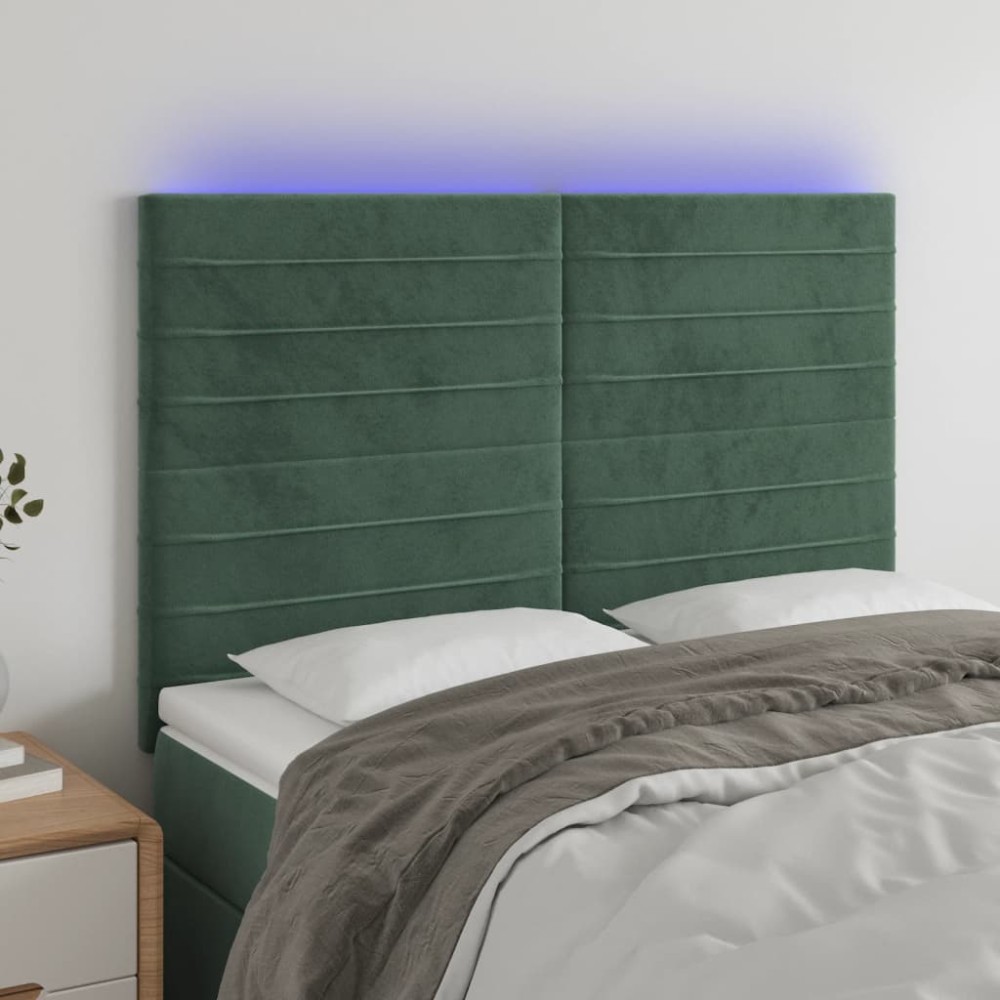 vidaXL Tăblie de pat cu LED, verde închis, 144x5x118/128 cm, catifea