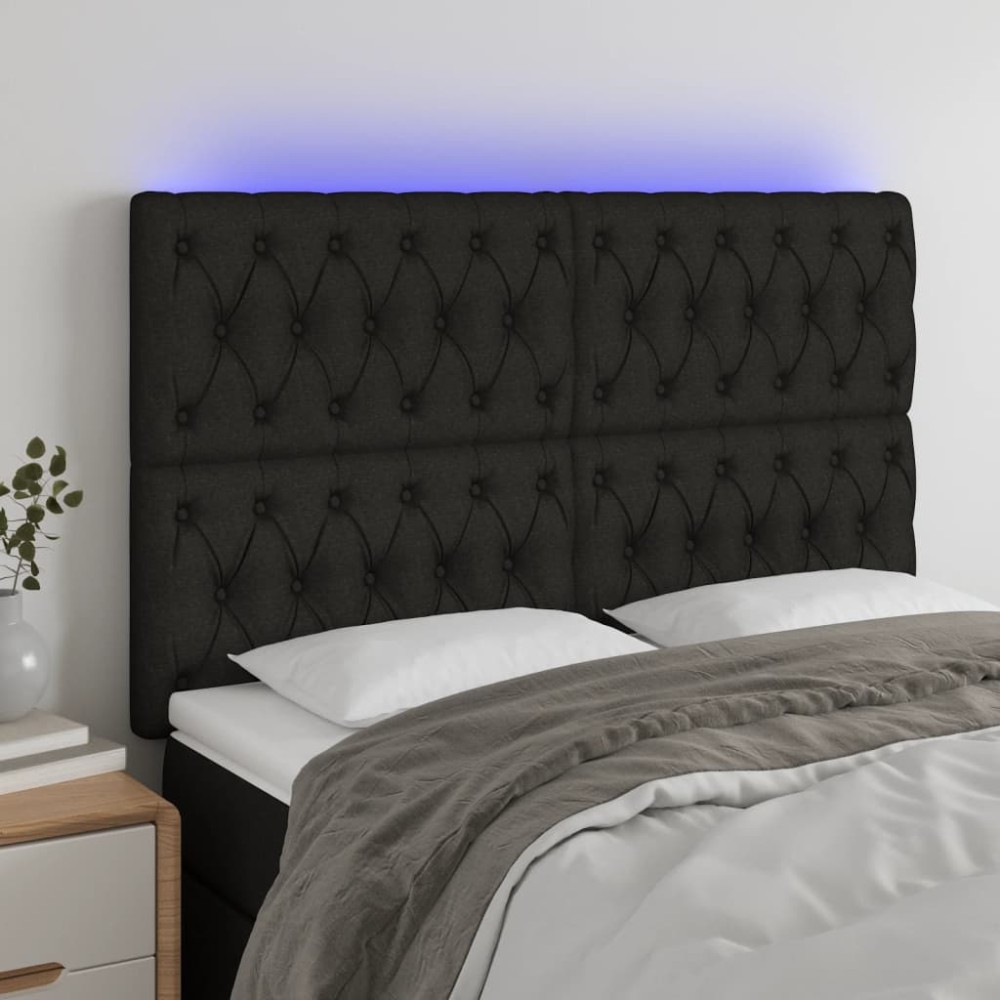 vidaXL Tăblie de pat cu LED, negru, 144x5x118/128 cm, textil