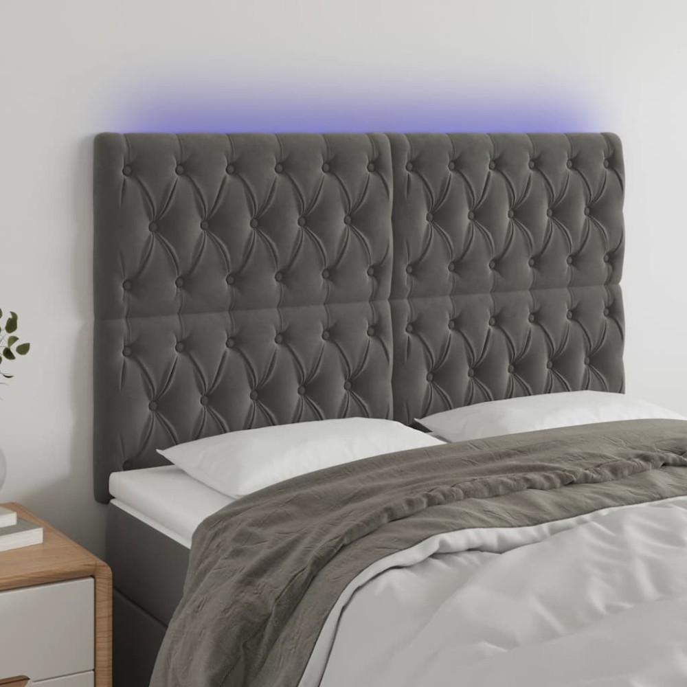 vidaXL Tăblie de pat cu LED, gri închis, 160x7x118/128 cm, catifea