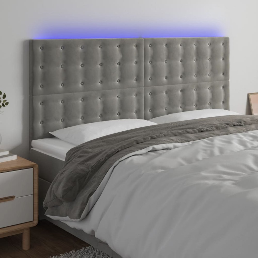 vidaXL Tăblie de pat cu LED, gri deschis, 200x5x118/128 cm, catifea
