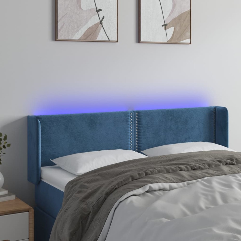 vidaXL Tăblie de pat cu LED, albastru închis, 147x16x78/88 cm, catifea