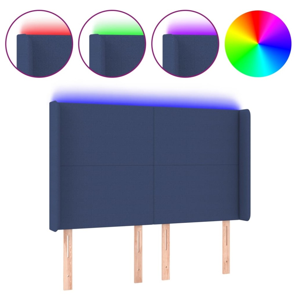 vidaXL Tăblie de pat cu LED, albastru, 147x16x118/128 cm, textil