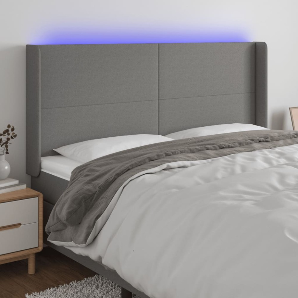 vidaXL Tăblie de pat cu LED, gri închis, 163x16x118/128 cm, textil