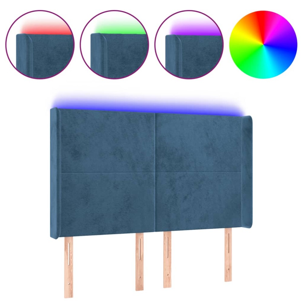 vidaXL Tăblie de pat cu LED, albastru închis, 147x16x118/128cm catifea