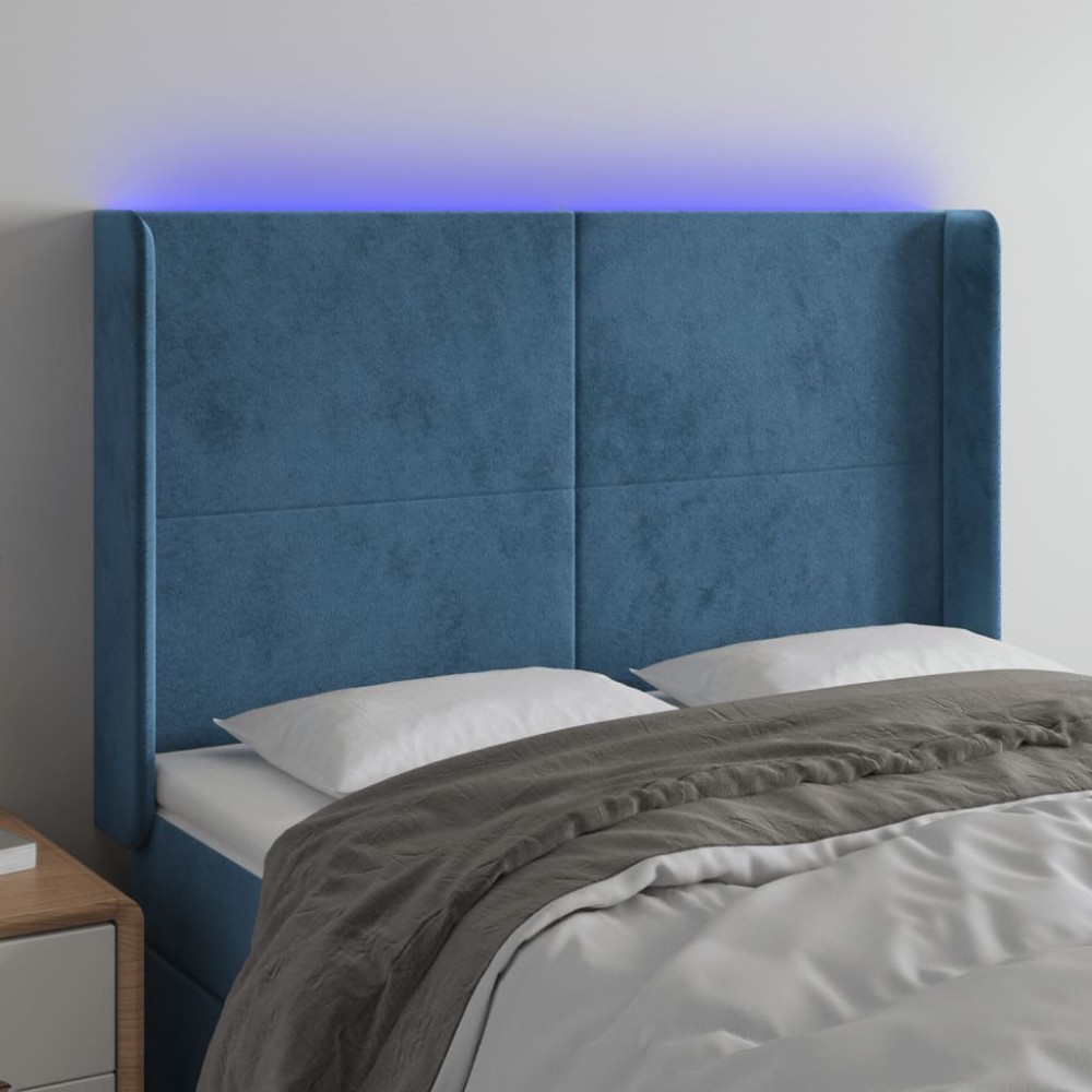 vidaXL Tăblie de pat cu LED, albastru închis, 147x16x118/128cm catifea