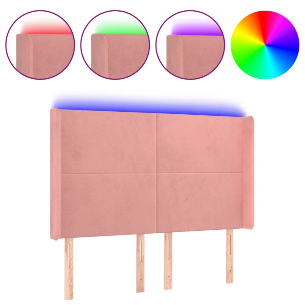 vidaXL Tăblie de pat cu LED, roz, 147x16x118/128 cm, catifea