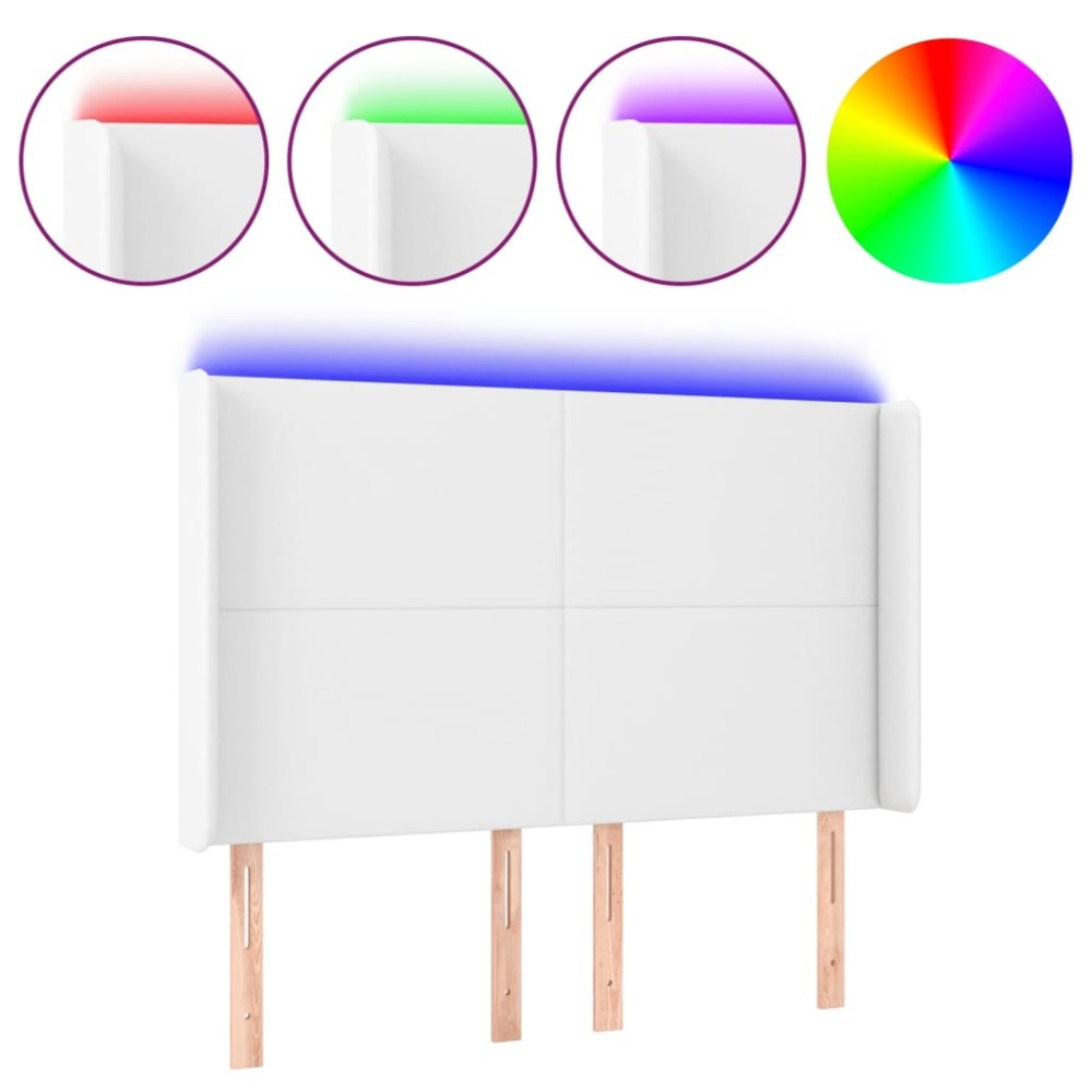 vidaXL Tăblie de pat cu LED, alb, 147x16x118/128 cm, piele ecologică