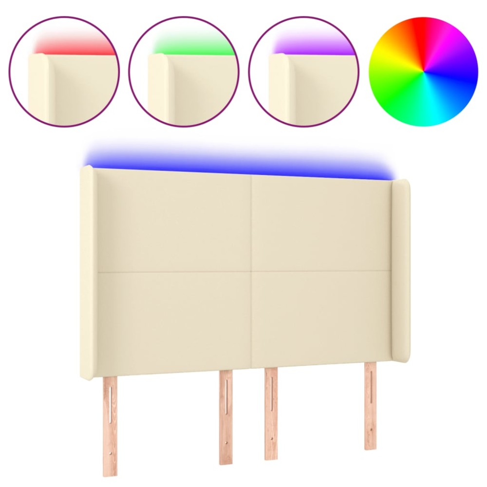vidaXL Tăblie de pat cu LED, crem, 147x16x118/128 cm, piele ecologică