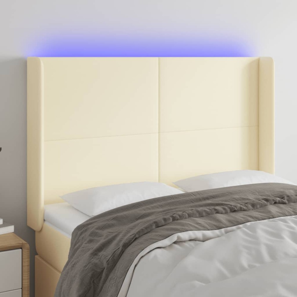 vidaXL Tăblie de pat cu LED, crem, 147x16x118/128 cm, piele ecologică