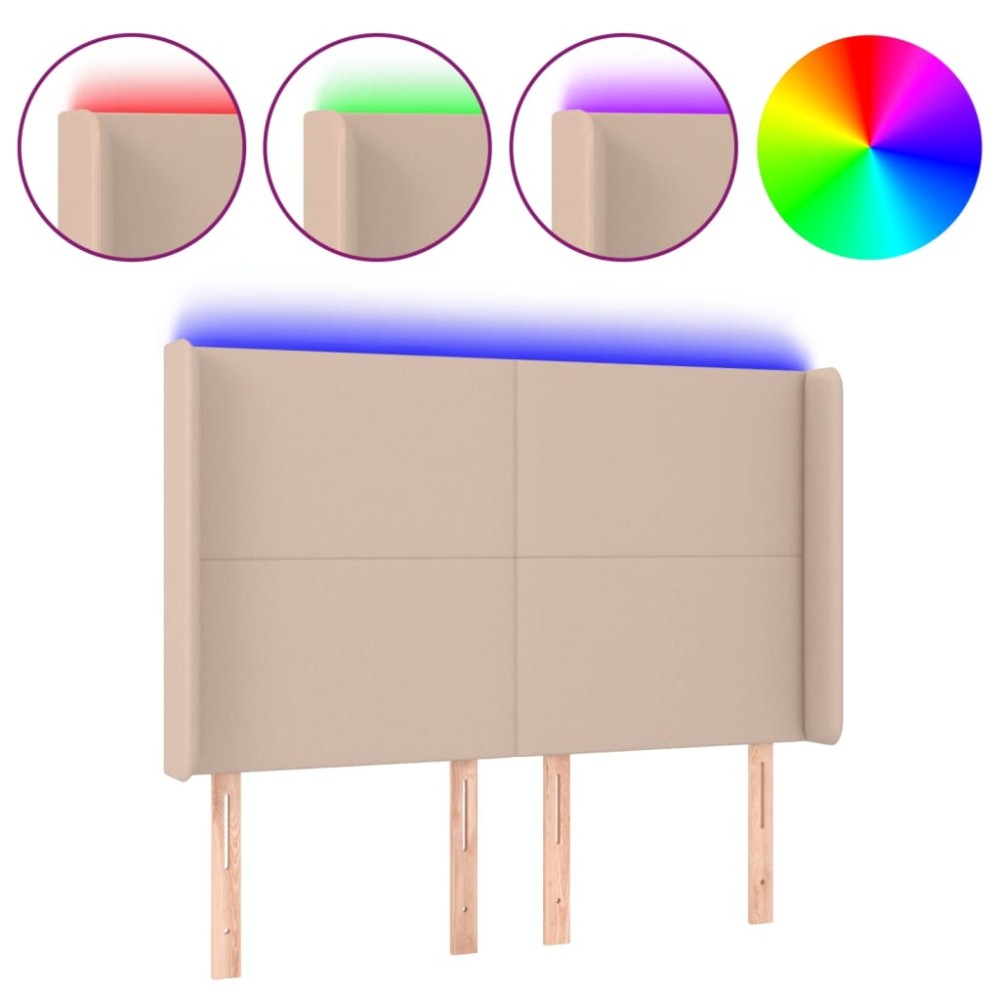 vidaXL Tăblie de pat cu LED, cappuccino, 147x16x118/128 cm, piele eco