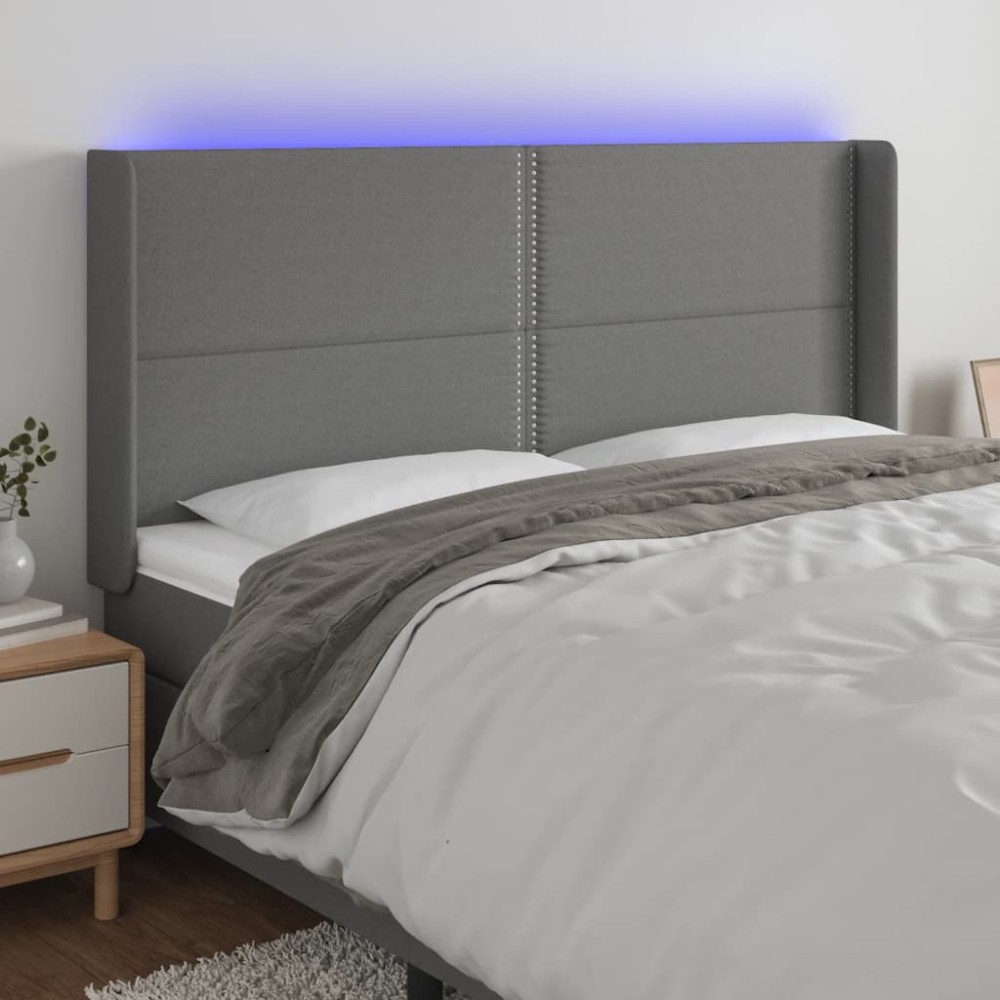 vidaXL Tăblie de pat cu LED, gri închis, 163x16x118/128 cm, textil
