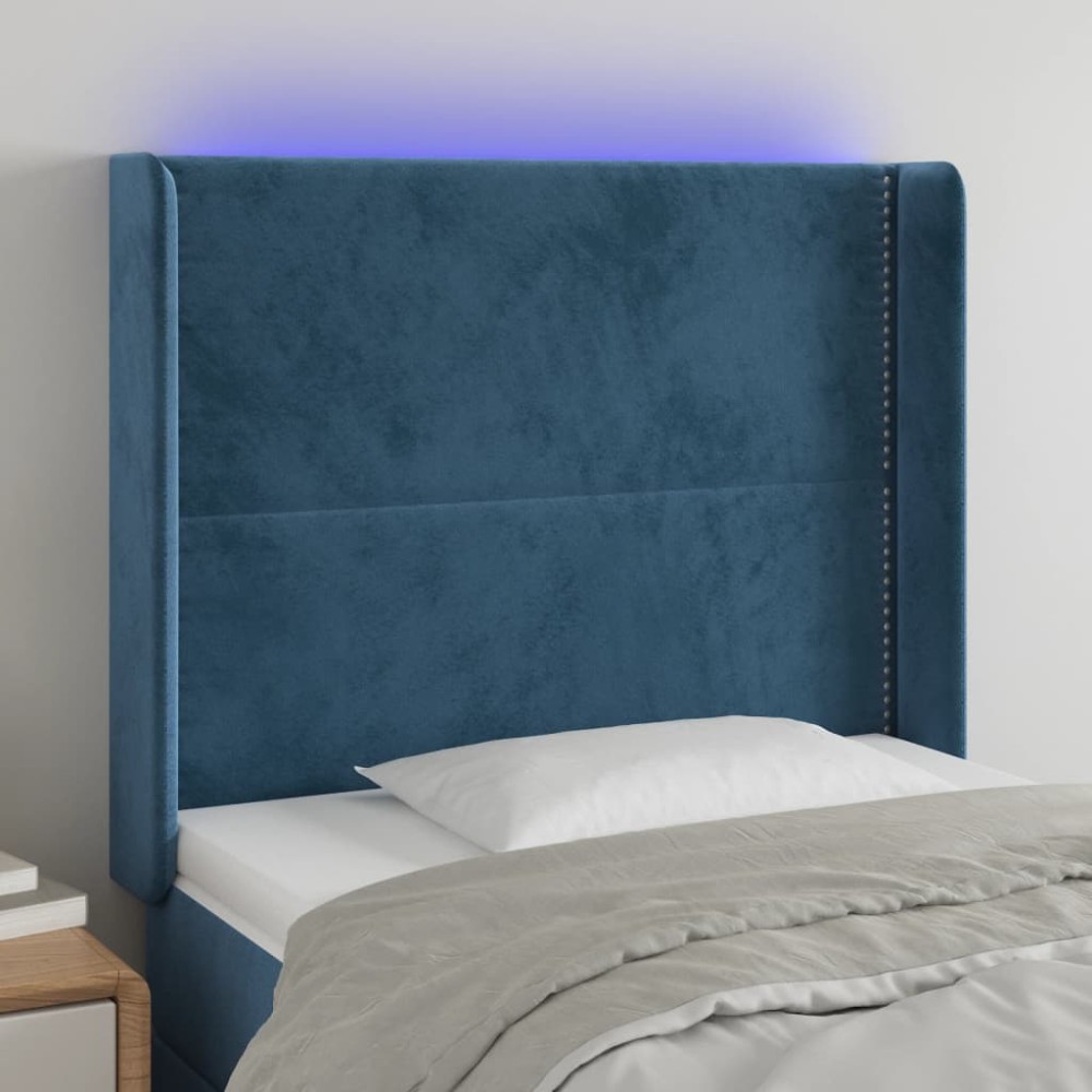 vidaXL Tăblie de pat cu LED, albastru închis, 93x16x118/128cm, catifea