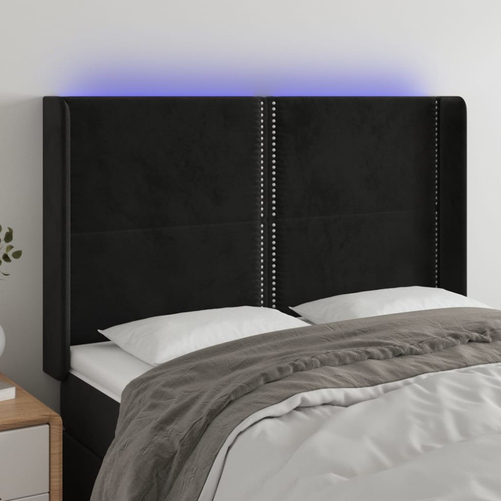 vidaXL Tăblie de pat cu LED, negru, 147x16x118/128 cm, catifea