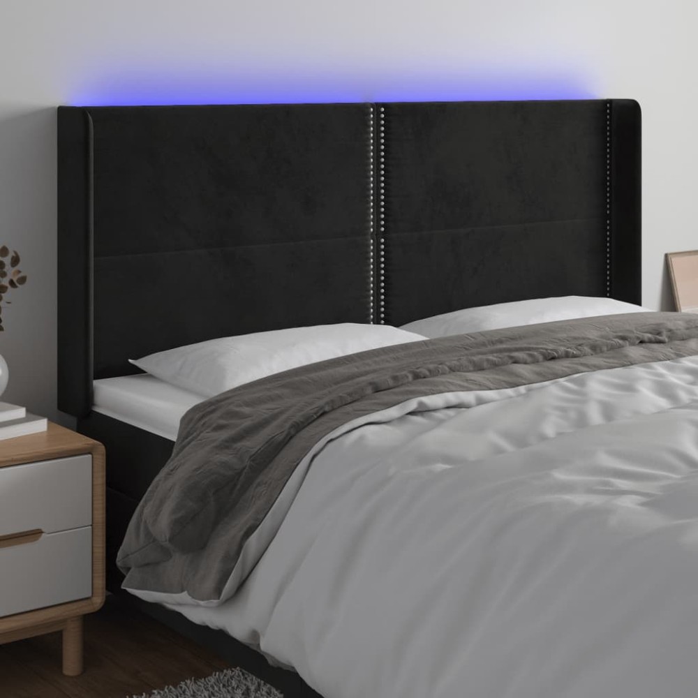 vidaXL Tăblie de pat cu LED, negru, 163x16x118/128 cm, catifea