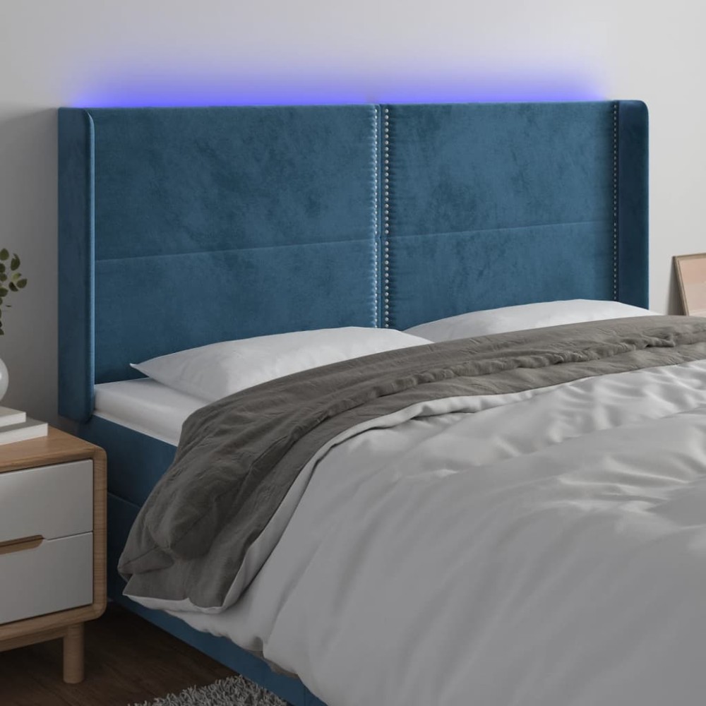 vidaXL Tăblie de pat cu LED, albastru închis, 163x16x118/128cm catifea