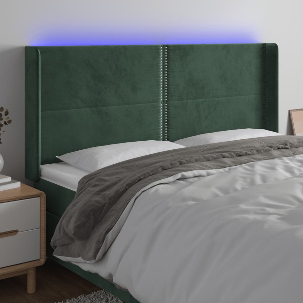vidaXL Tăblie de pat cu LED, verde închis, 183x16x118/128 cm, catifea