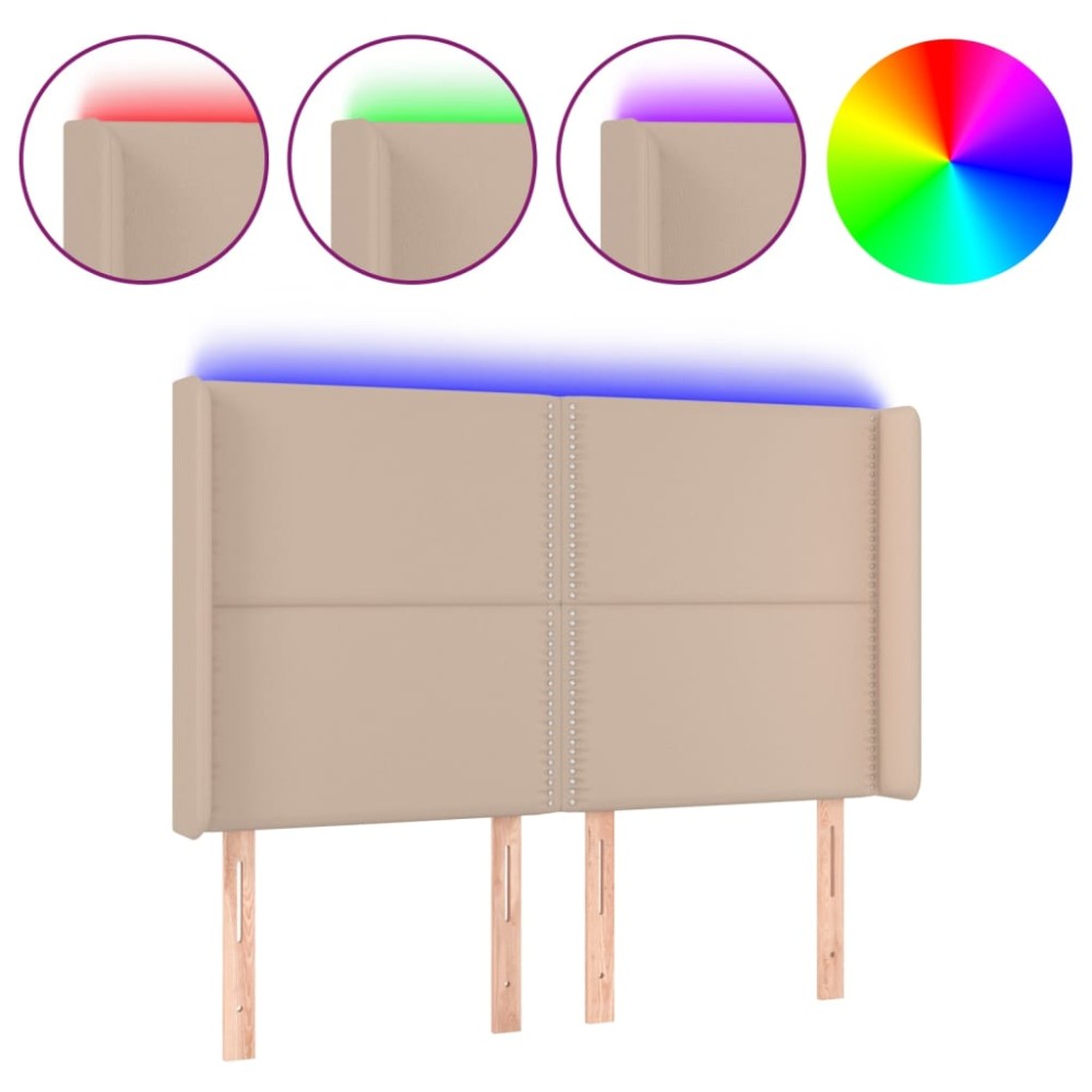vidaXL Tăblie de pat cu LED, cappuccino, 147x16x118/128 cm, piele eco