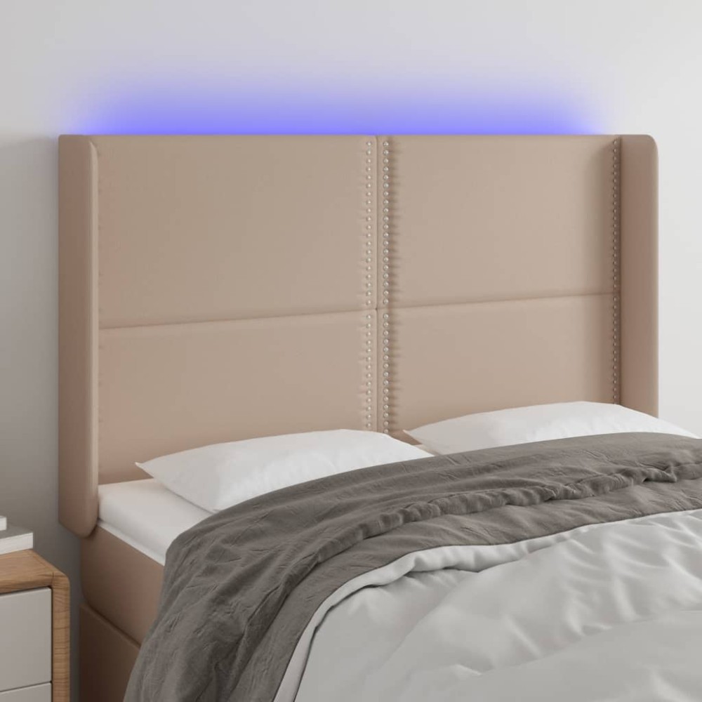 vidaXL Tăblie de pat cu LED, cappuccino, 147x16x118/128 cm, piele eco