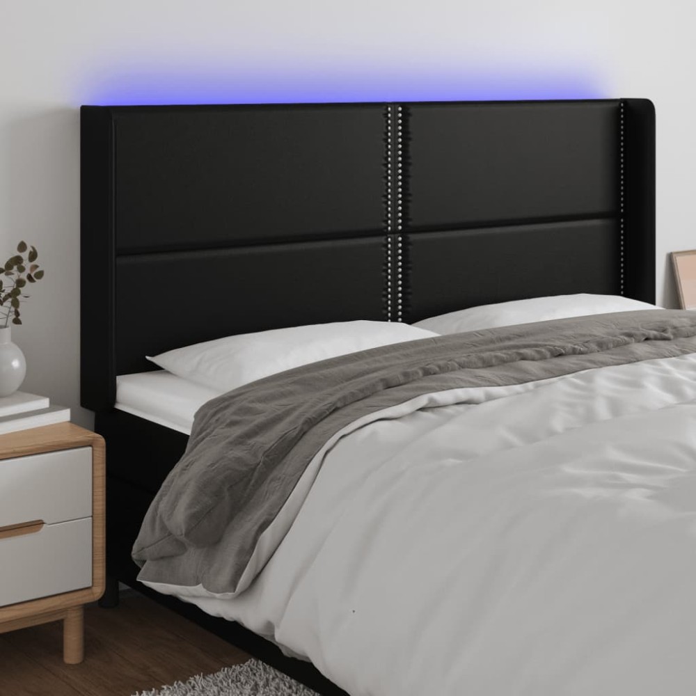 vidaXL Tăblie de pat cu LED, negru, 203x16x118/128 cm, piele ecologică