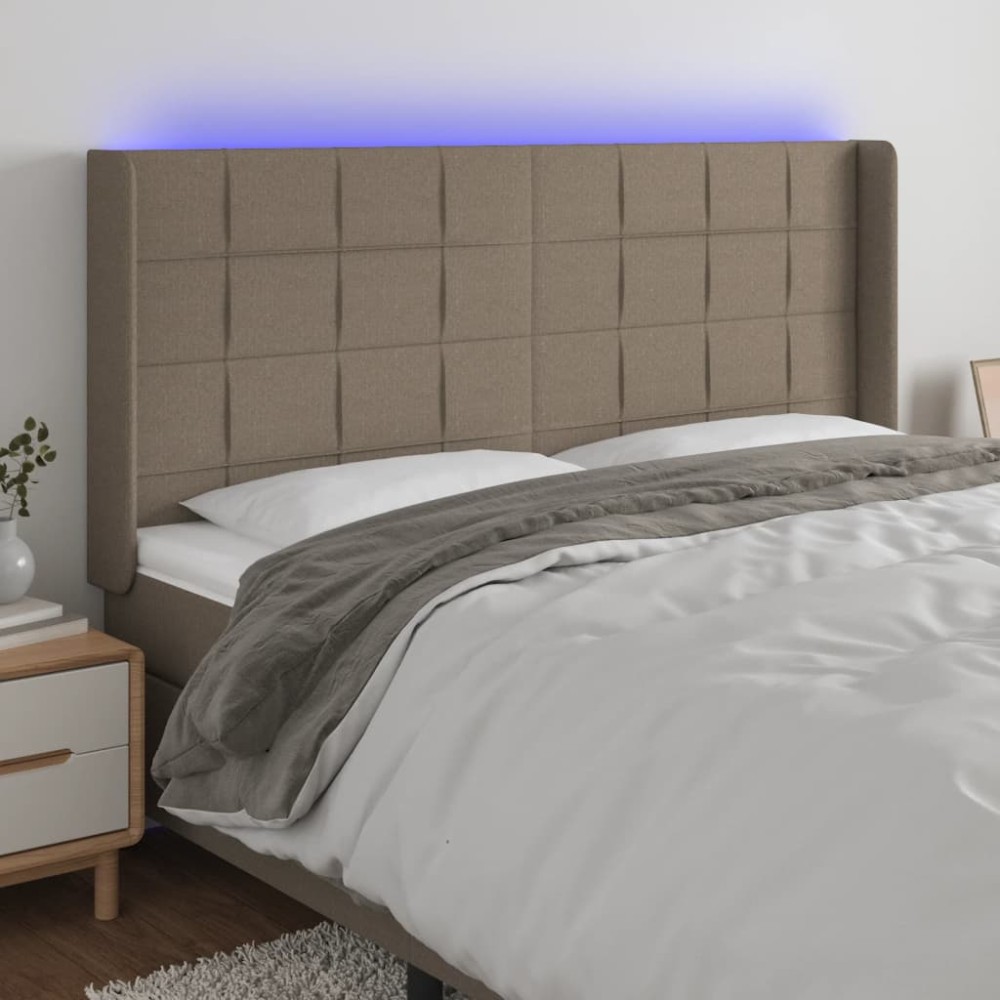 vidaXL Tăblie de pat cu LED, gri taupe, 183x16x118/128 cm, textil