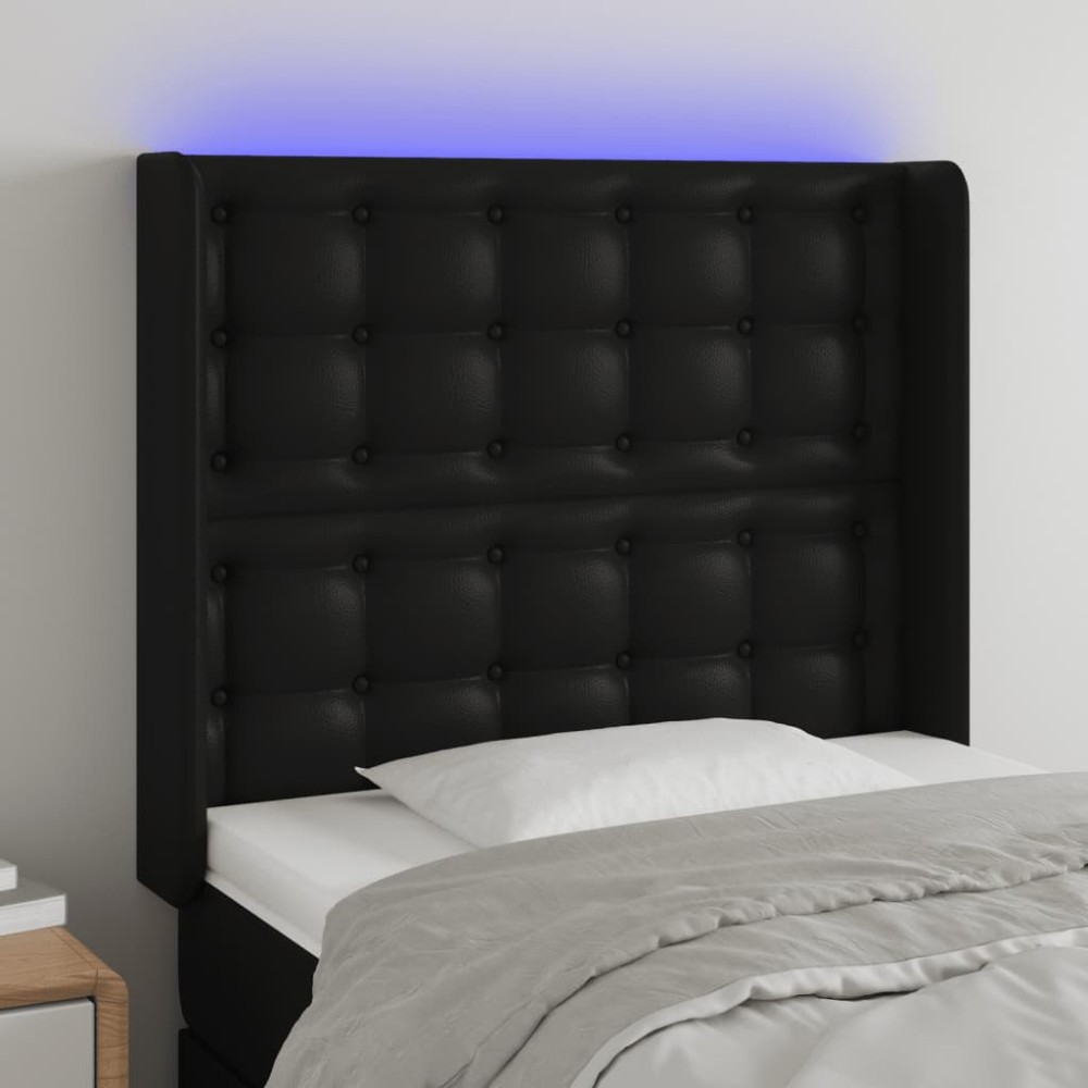vidaXL Tăblie de pat cu LED, negru, 93x16x118/128 cm, piele ecologică
