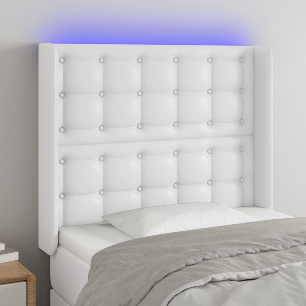 vidaXL Tăblie de pat cu LED, alb, 93x16x118/128 cm, piele ecologică