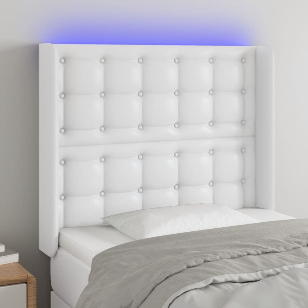 vidaXL Tăblie de pat cu LED, alb, 103x16x118/128 cm, piele ecologică