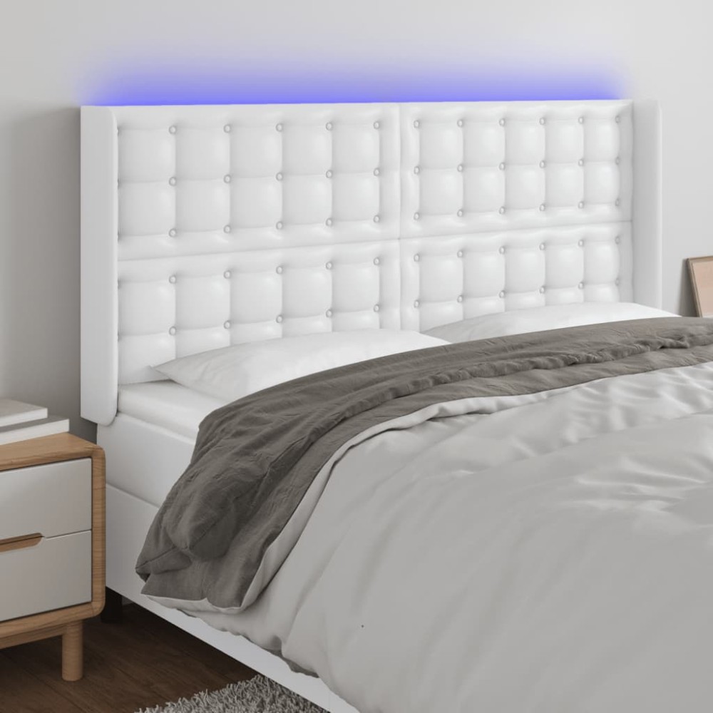 vidaXL Tăblie de pat cu LED, alb, 163x16x118/128 cm, piele ecologică