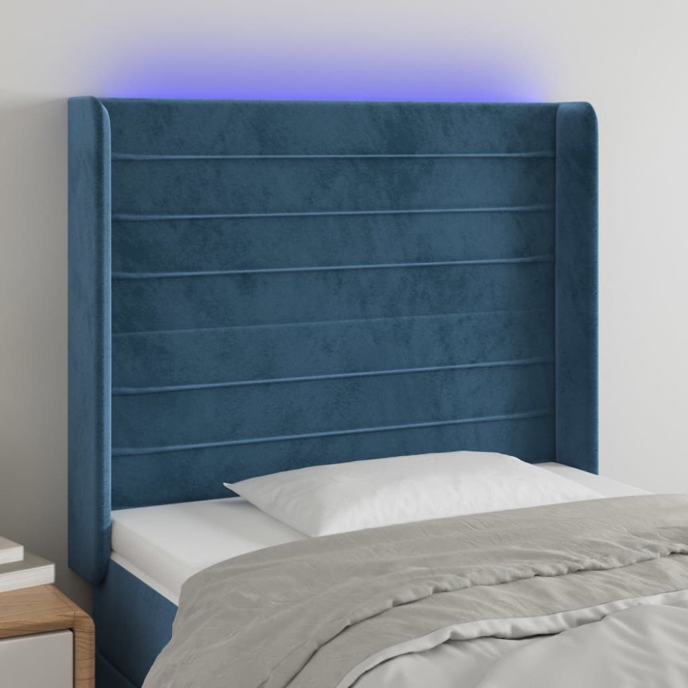 vidaXL Tăblie de pat cu LED, albastru închis, 83x16x118/128cm, catifea