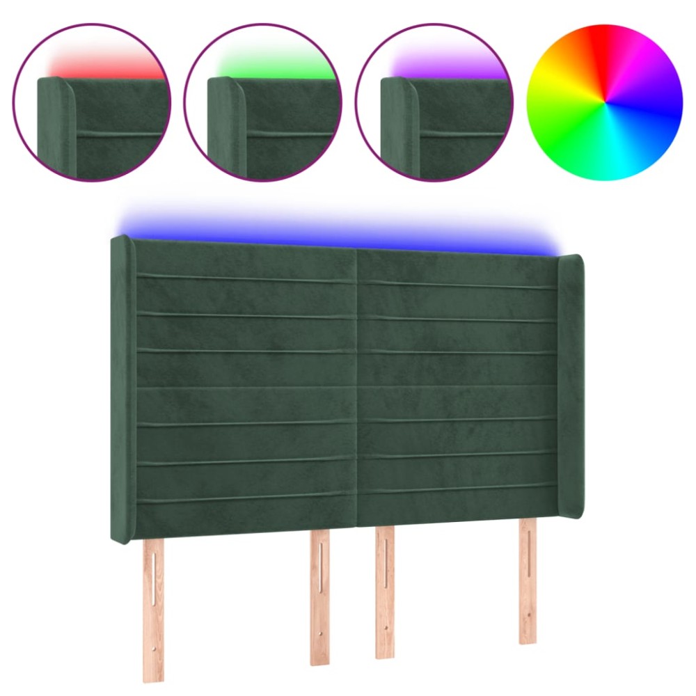 vidaXL Tăblie de pat cu LED, verde închis, 147x16x118/128 cm, catifea