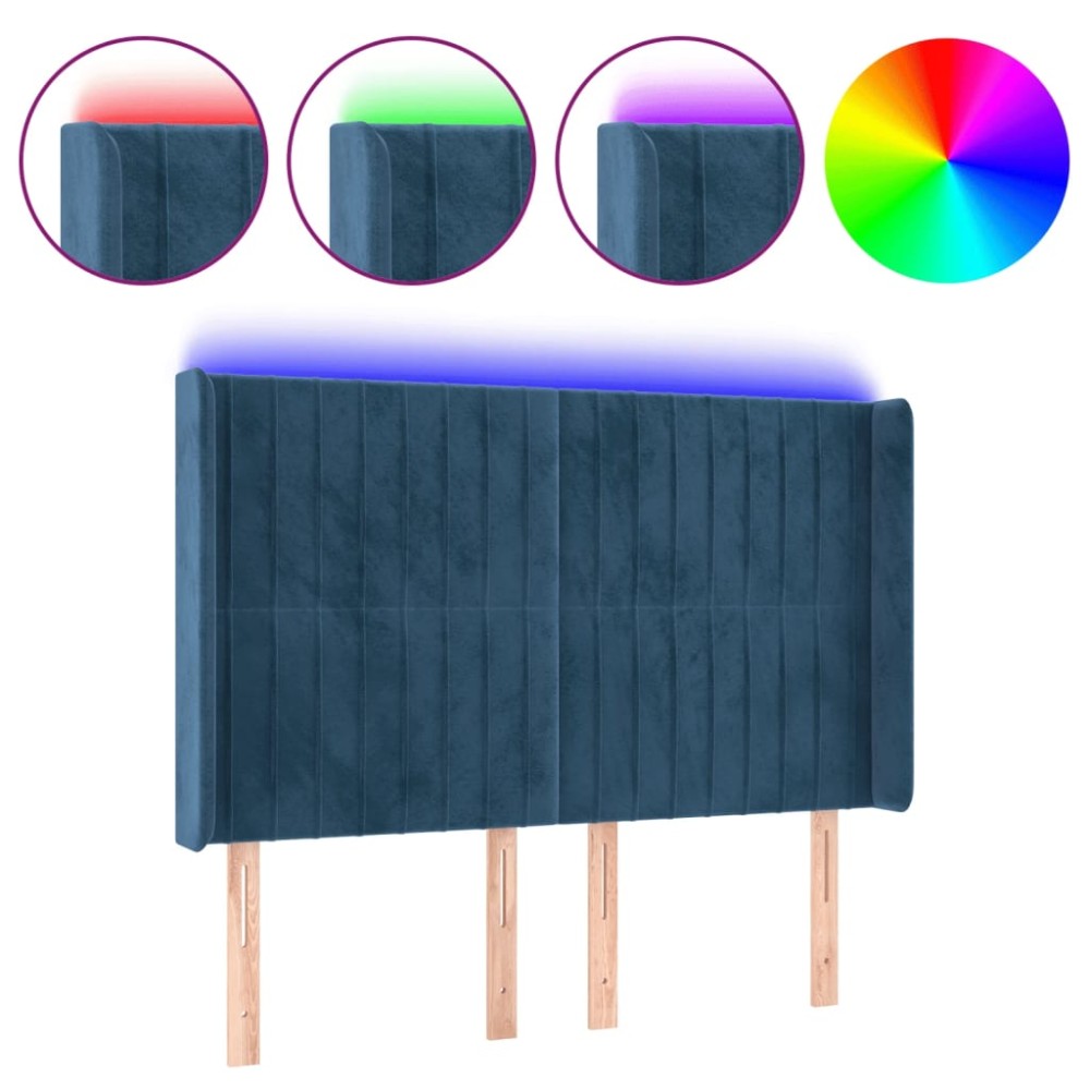 vidaXL Tăblie de pat cu LED, albastru închis, 147x16x118/128cm catifea