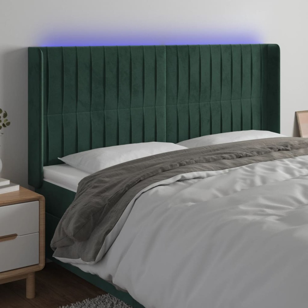 vidaXL Tăblie de pat cu LED, verde închis, 163x16x118/128 cm, catifea