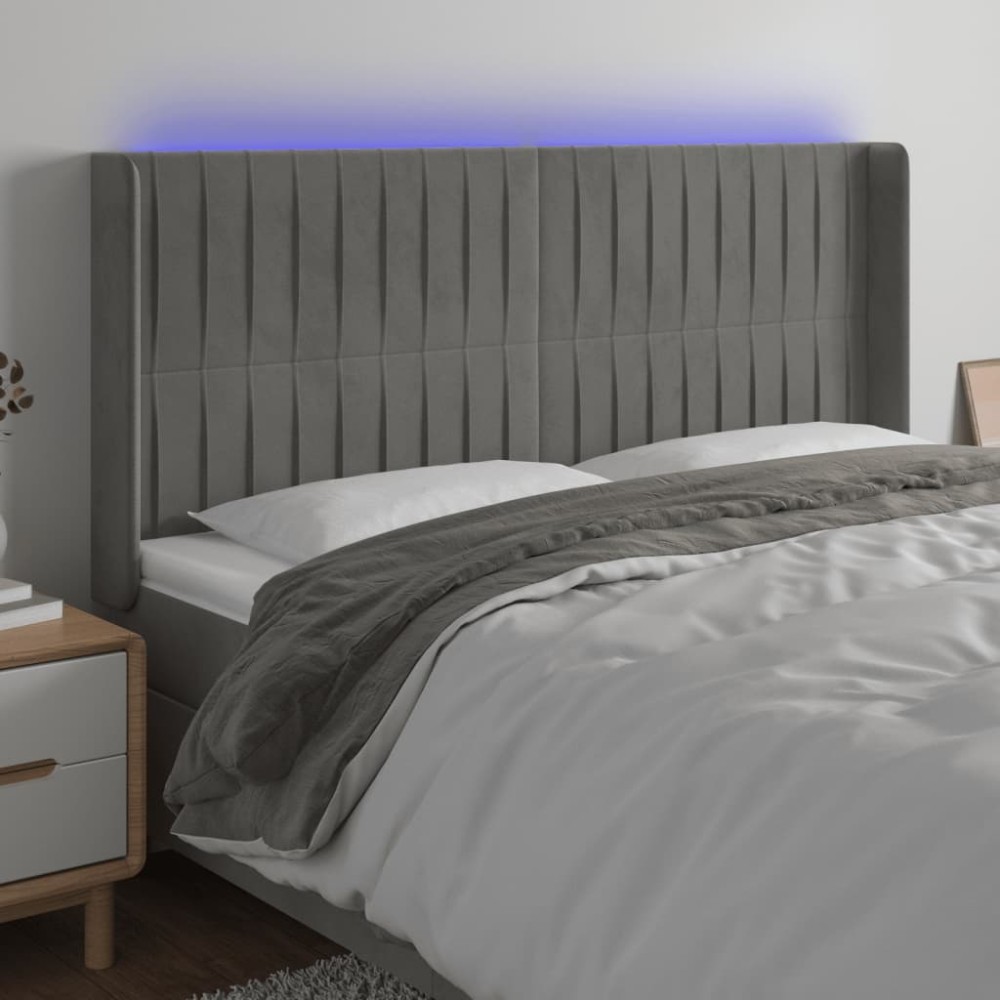 vidaXL Tăblie de pat cu LED, gri deschis, 183x16x118/128 cm, catifea
