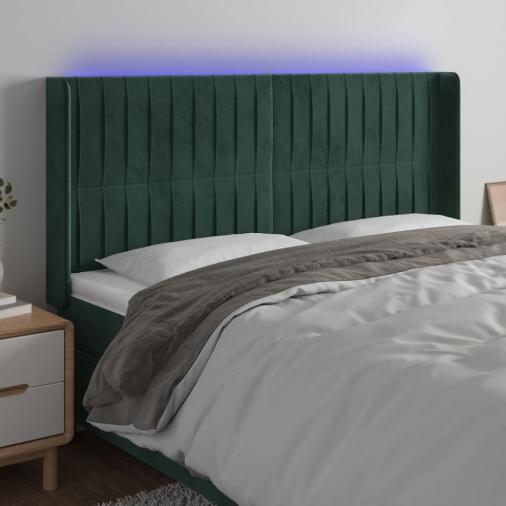 vidaXL Tăblie de pat cu LED, verde închis, 203x16x118/128 cm, catifea