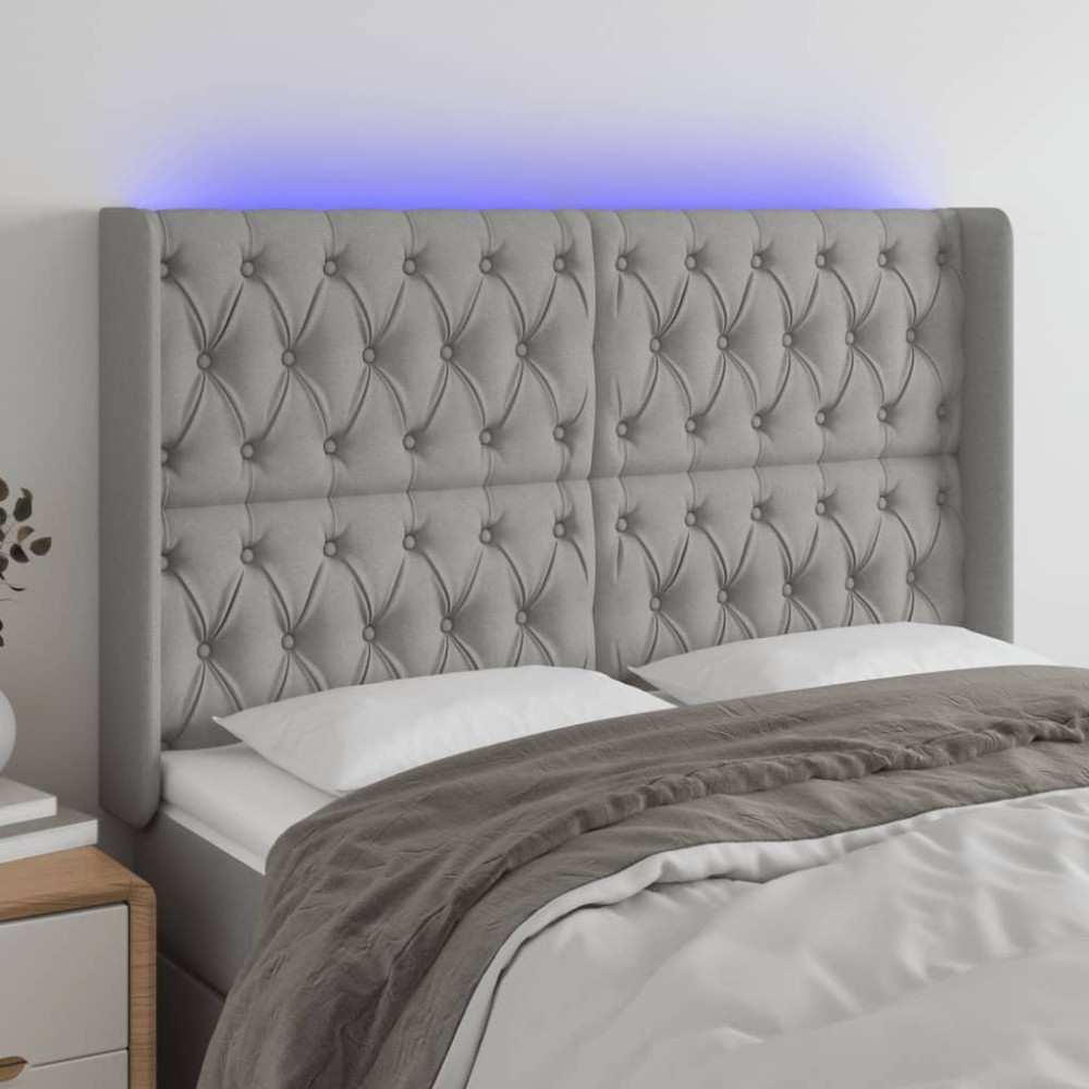 vidaXL Tăblie de pat cu LED, gri deschis, 147x16x118/128 cm, textil