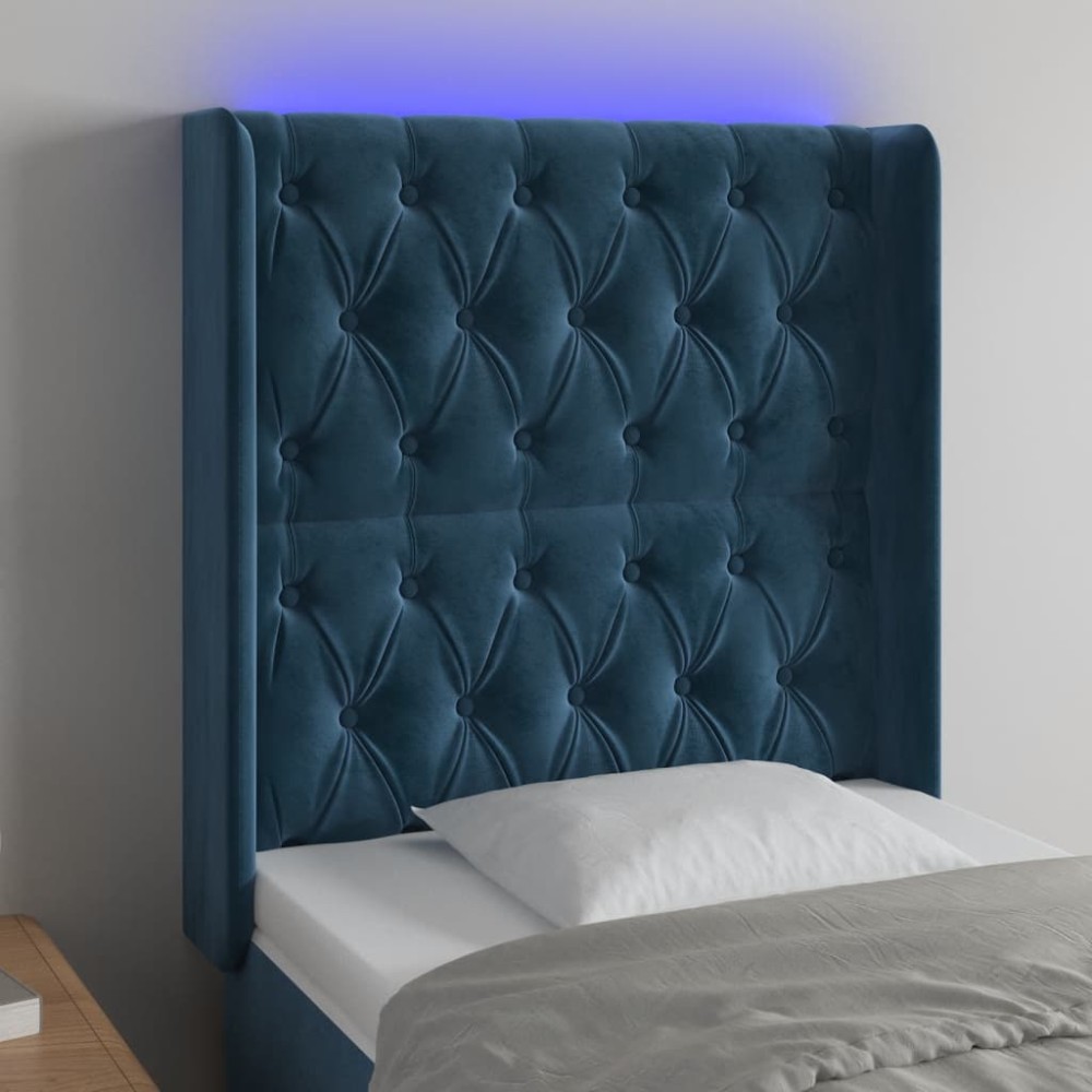 vidaXL Tăblie de pat cu LED, albastru închis, 83x16x118/128cm, catifea