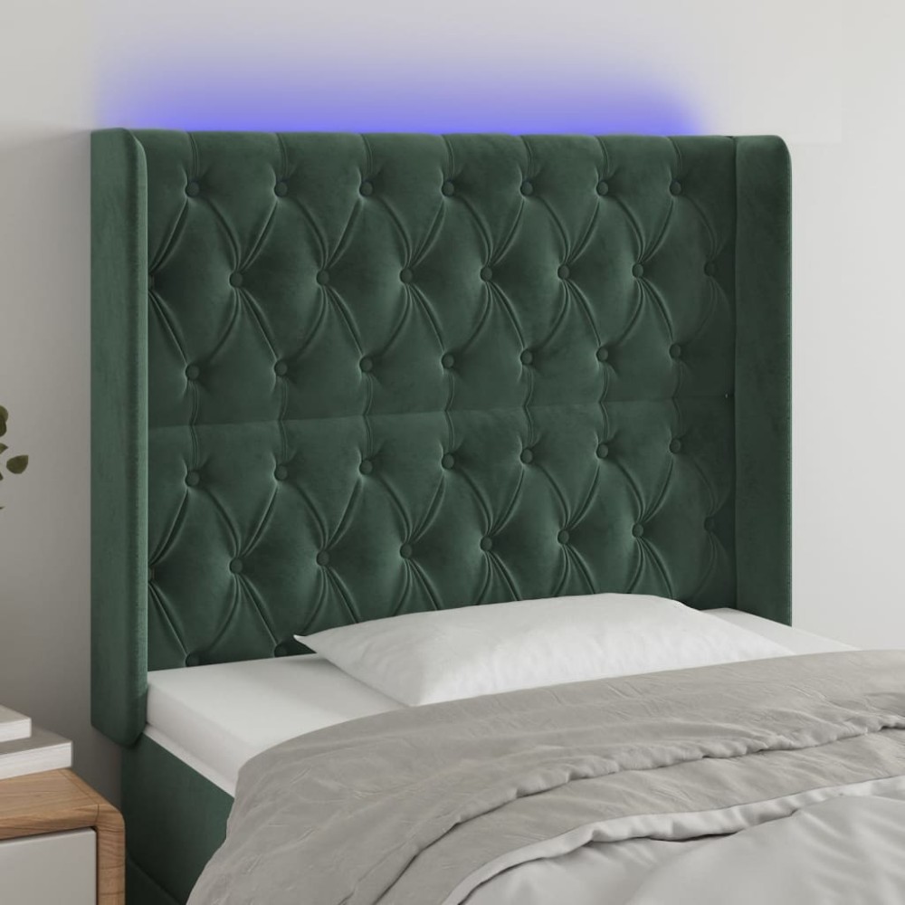 vidaXL Tăblie de pat cu LED, verde închis, 93x16x118/128cm, catifea