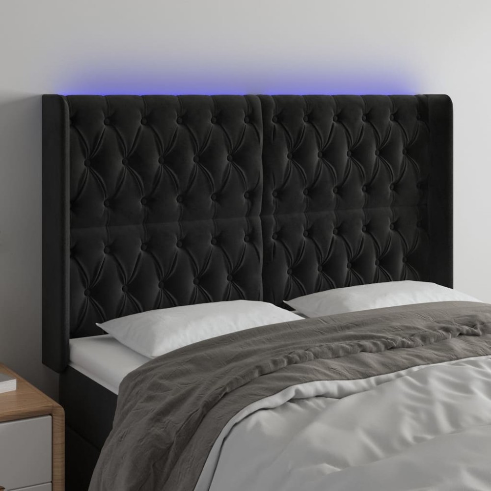 vidaXL Tăblie de pat cu LED, negru, 147x16x118/128 cm, catifea