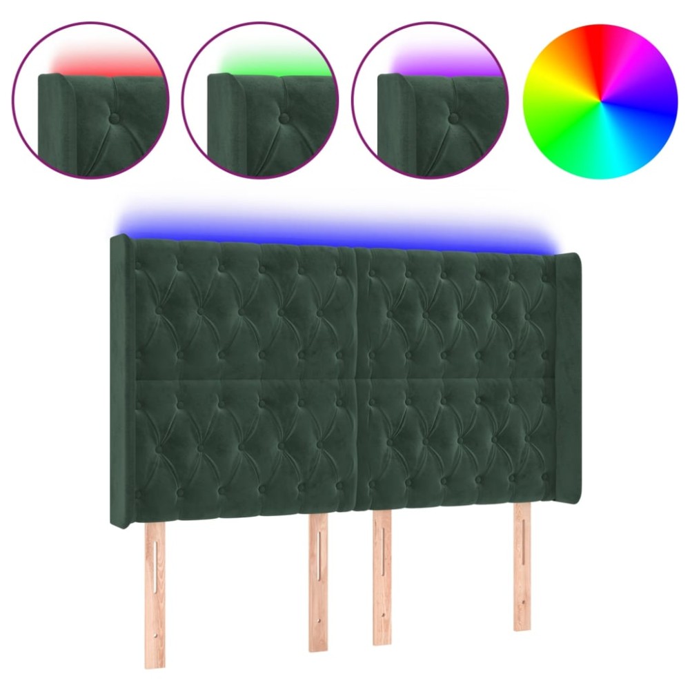 vidaXL Tăblie de pat cu LED, verde închis, 147x16x118/128 cm, catifea