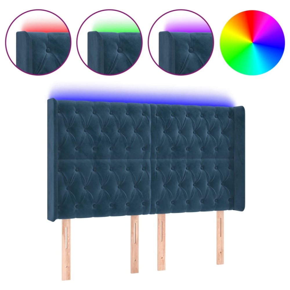 vidaXL Tăblie de pat cu LED, albastru închis, 147x16x118/128cm catifea