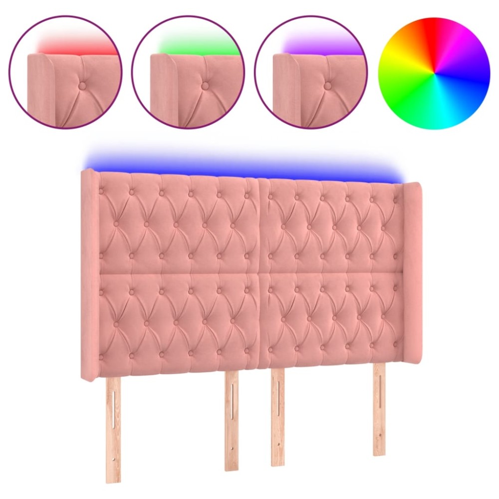 vidaXL Tăblie de pat cu LED, roz, 147x16x118/128 cm, catifea