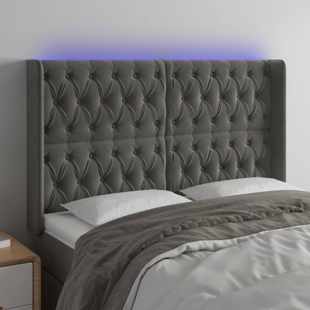 vidaXL Tăblie de pat cu LED, gri închis, 163x16x118/128 cm, catifea