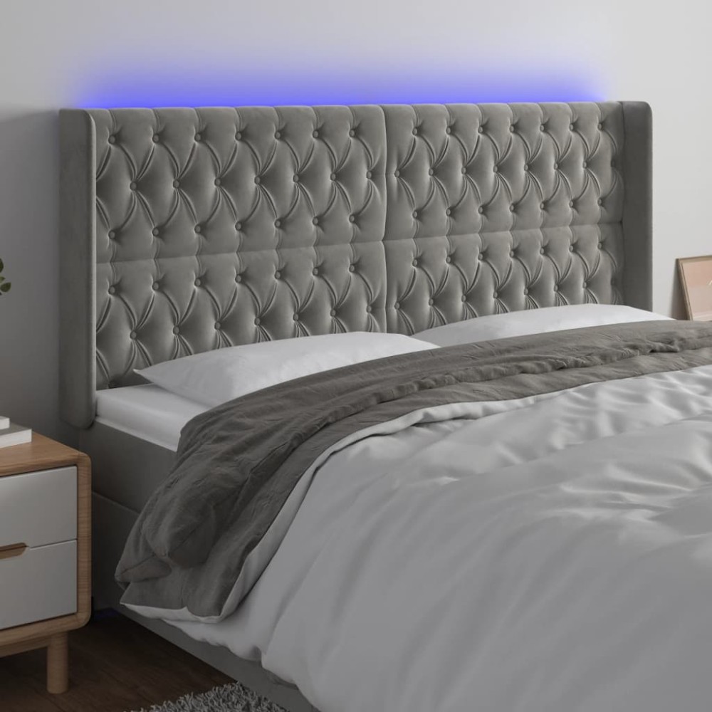 vidaXL Tăblie de pat cu LED, gri deschis, 183x16x118/128 cm, catifea