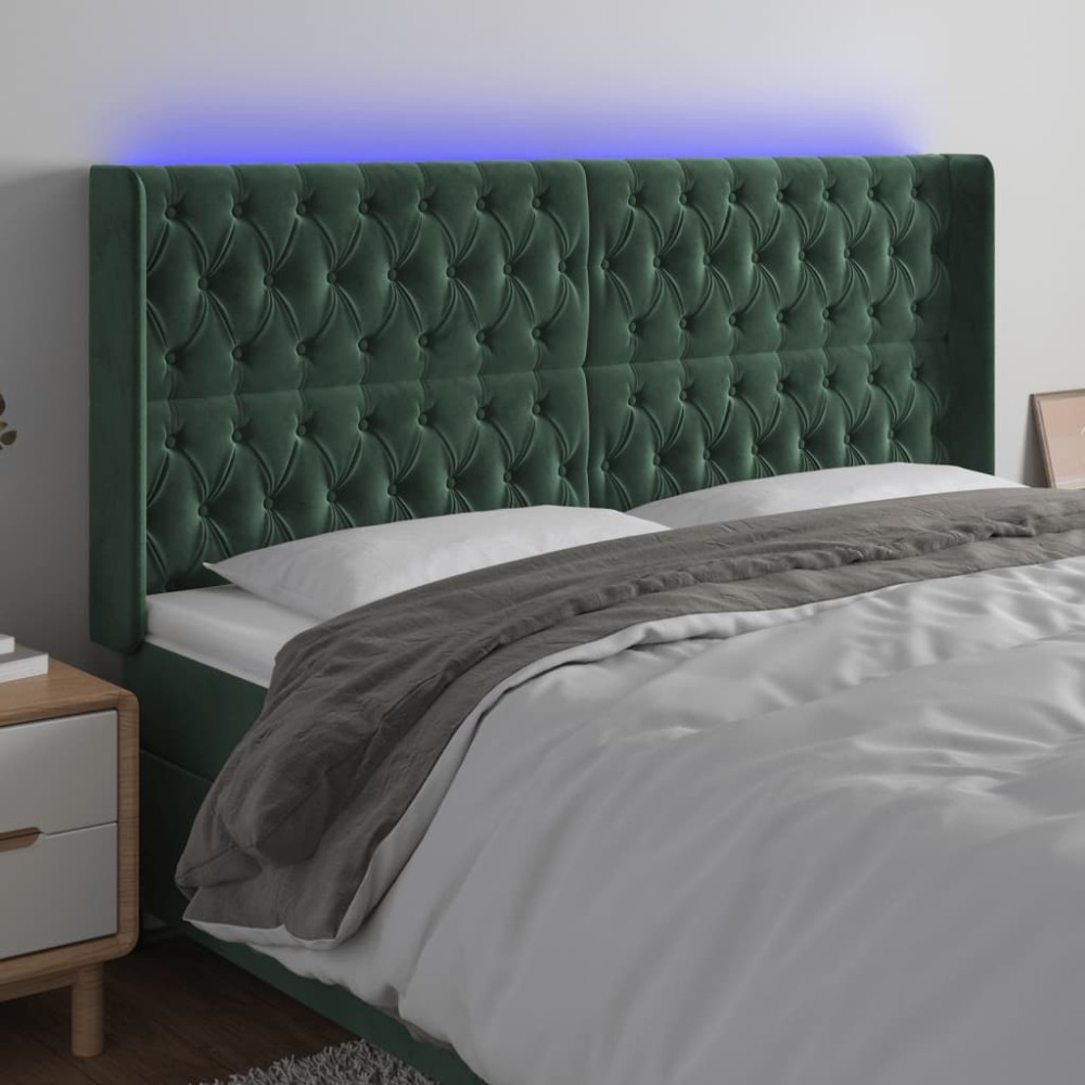 vidaXL Tăblie de pat cu LED, verde închis, 203x16x118/128 cm, catifea
