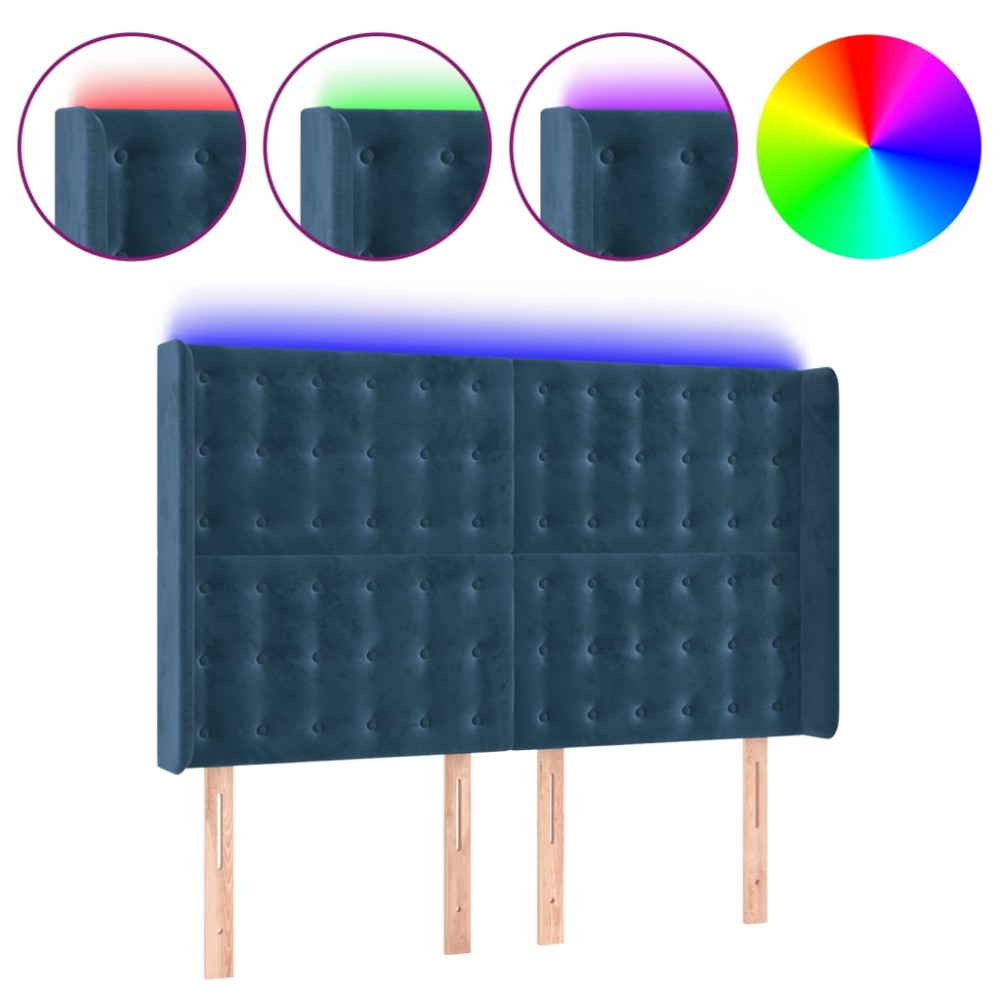 vidaXL Tăblie de pat cu LED, albastru închis, 147x16x118/128cm catifea