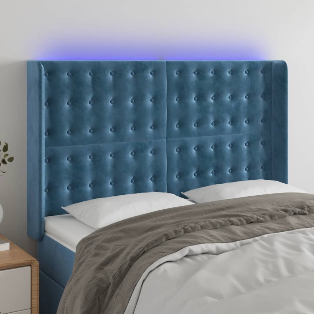 vidaXL Tăblie de pat cu LED, albastru închis, 147x16x118/128cm catifea